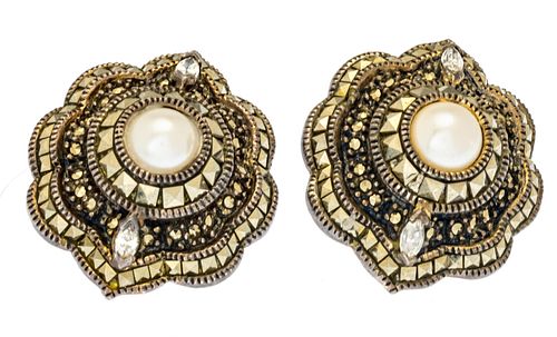 Sterling Silver, Diamond & Pearl Clip-on Earrings, Dia. 1'' 0.54t oz