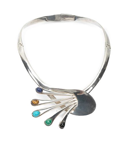 MEXICO STERLING  SILVER MODERN NECKLACE, FIVE CABOCHON STONES 