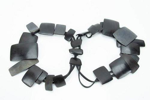 MONIES (DANISH), EBONY AND OXIDE WITH LEATHER STATEMENT NECKLACE, L 12" 