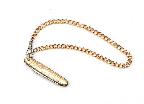 ENGRAVED GOLD GILT-PLATED POCKET KNIFE & CHAIN L 12 MM OPEN 