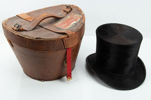 BEAVER TOP HAT AND LEATHER CASE,  H 7.5" 