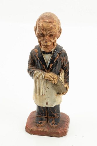 CARVED WOOD CORKSCREW AND HOLDER IN THE FORM OF A WAITER, H 8"