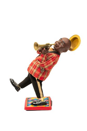 LOUIS ARMSTRONG T.N. TOYS JAPANESE LITHOGRAPH TIN & RUBBER FACE MECHANICAL TOY H 10" W 5" L 7" 
