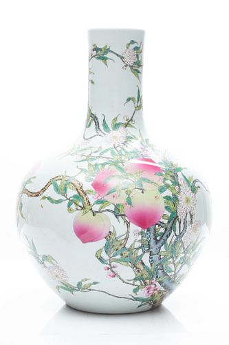 Chinese Famille Rose Peach Bottle Vase, H 21'' Dia. 15''