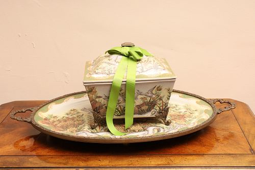 Japanese Hard-paste Porcelain Dresser Box On Tray C. Early 20th C., H 25'' W 15''