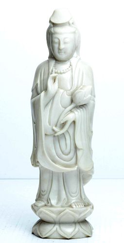 CHINESE CARVED WHITE STONE QUAN YIN, H 12"