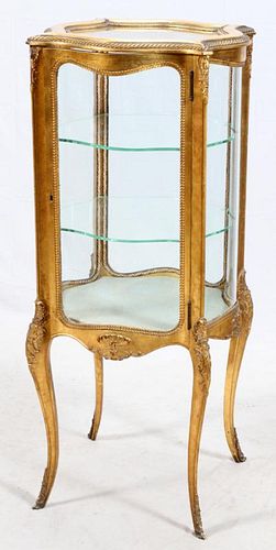 LOUIS XV STYLE GLASS & GILT WOOD CURIO CABINET