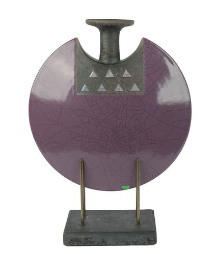CONTEMPORARY GLAZED LAVENDER POTTERY VASE IN METAL STAND H 10" 