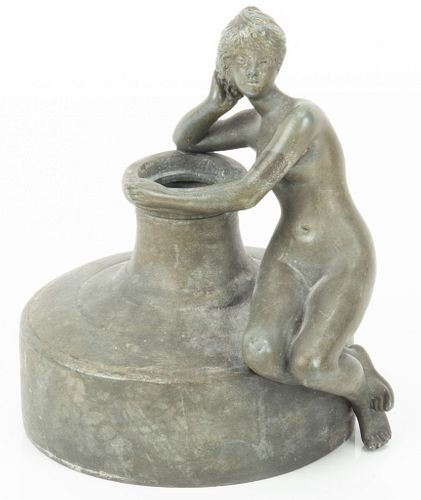 JULES JOUANT (FRENCH, 1836-1921) FIGURAL PEWTER INKWELL, H 5", W 5"