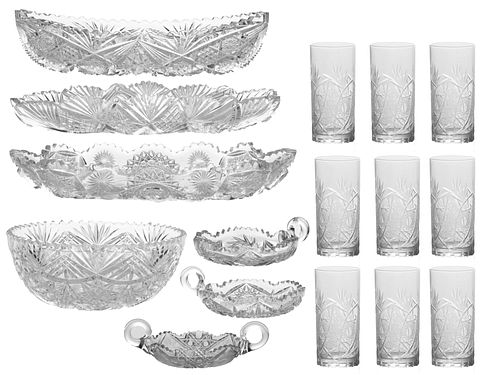 Brilliant Period Cut Crystal Bowl, Celery Boats, Nappies, C. 1900, 5 Pcs. Tal Tumblers 5"