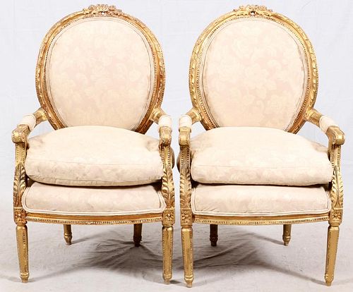 FRENCH STYLE LOUIS XVI GILT WOOD ARMCHAIRS PAIR