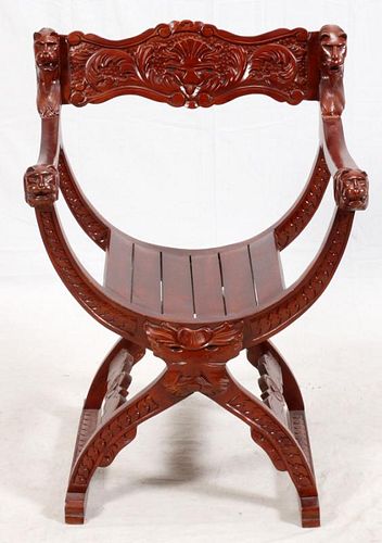 CARVED MAHOGANY & LION'S HEAD ARM CHAIR