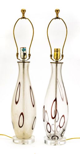ITALIAN VENETIAN GLASS TABLE LAMPS, PAIR H 28", DIA 5.5" 
