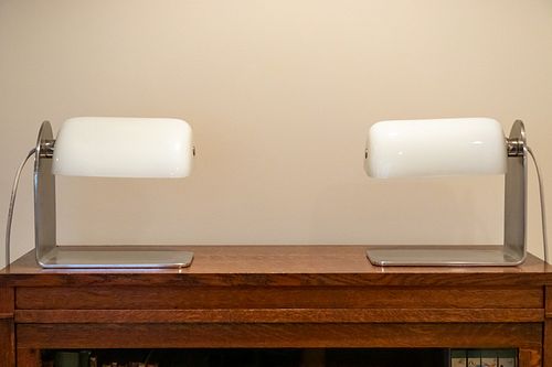 CHROME TABLE TOP MODERN LAMPS, TWO H 9" W 9" D 5.5" 