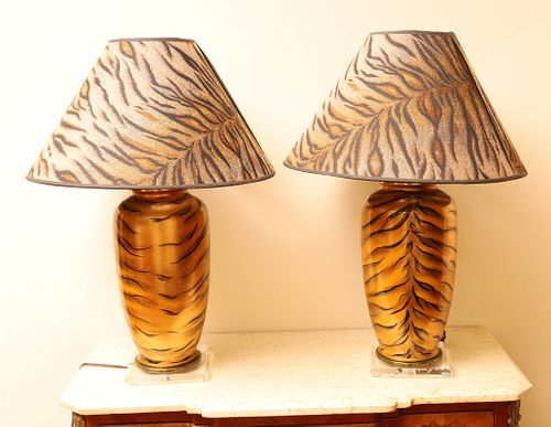 Pair Of "Tiger" Lamps, H 26'' Dia. 7.5''