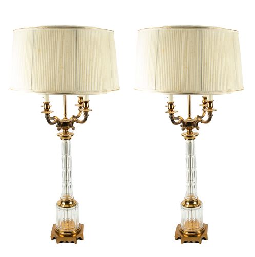 HOLLYWOOD REGENCY STYLE, PAIR OF BRASS AND GLASS LAMPS, H 39", W 9"