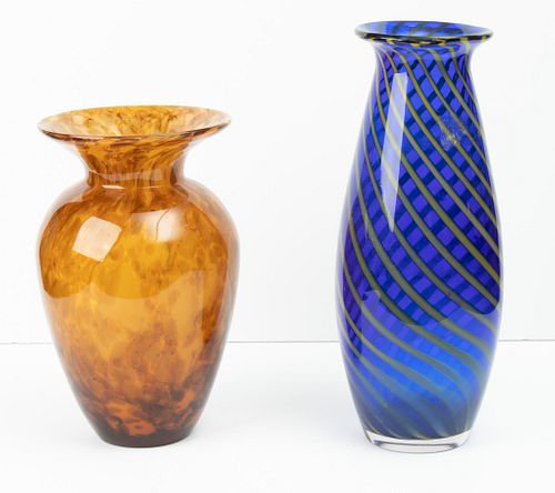 COBALT BLUE GLASS VASE WITH YELLOW SWIRL AND MOTTLED GLASS VASE 2 PCS.  H 11" 