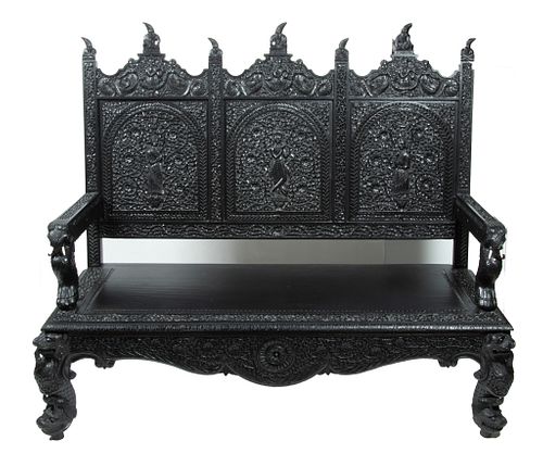INDIA PAINTED CARVED TEAKWOOD BENCH, H 46", W 22", L 56" 