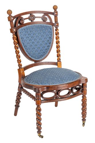 CARVED WOOD SHIELD BACK SIDE CHAIR, C. 1920, H 36", W 19" 