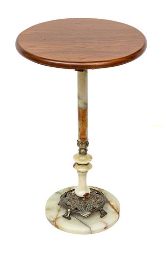 ONYX, MAHOGANY, AND BRONZE ROUND TOP PEDESTAL TABLE, H 25" DIA 15" 