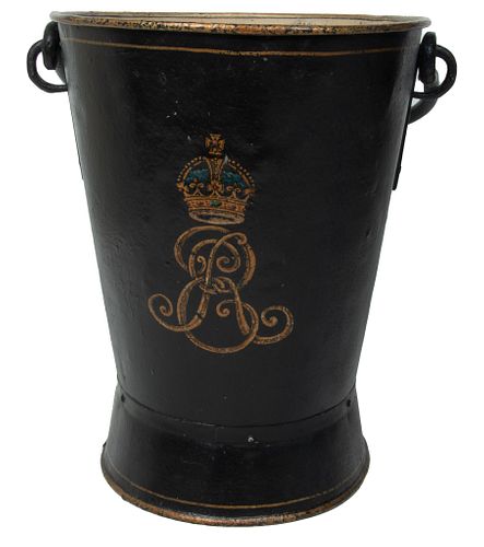 English Painted Tole Bucket, Iron Handle, H 27'' W 16''