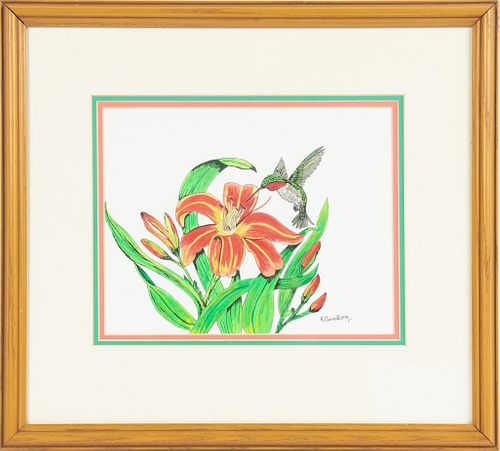 R. ARMSTRONG,  WATERCOLOR H 7" W 9" TIGER LILY AND HUMMINGBIRD 