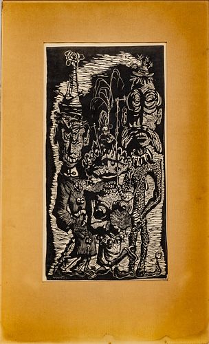 BORCHARD, WOODCUT PRINT ON PAPER, 1954, H 22.75", W 11.75", TWO MEN AND A WOMAN 
