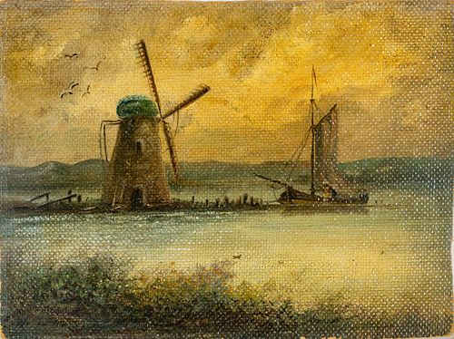 DUTCH SCHOOL OIL PAINTING ON CANVAS, H 24 W 32 REVERSE SIGNED. 