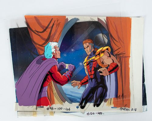 MARVEL PRODUCTIONS (AMERICAN, EST. 1993),  X-MEN PRODUCTION CEL WITH BACKGROUND, 1992-7, H 7.25", W 11.5", "MAGNETO AND FABIAN CORTEZ" 
