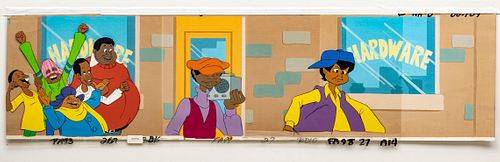 "FAT ALBERT" PRODUCTION ANIMATION CELS WITH HAND PAINTED BACKGROUND, C. 1970S, H 9", W 38" (VISIBLE IMAGE) 