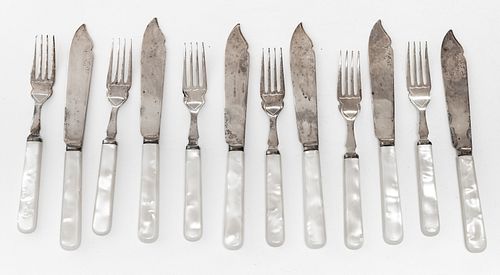 SHEFFIELD PLATE FISH KNIVES AND FORKS, 12 PCS. IN CASE 