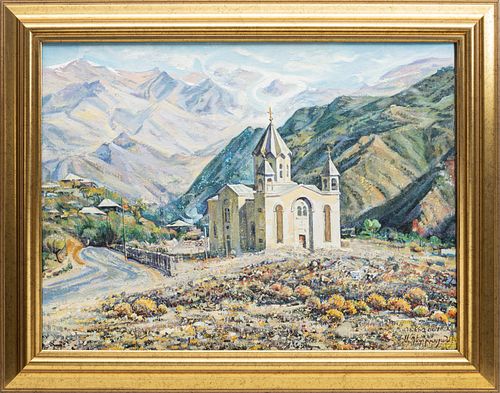 RUSSIAN OIL ON CANVAS, 2001 H 23" W 31" CHURCH IN MOUNTAINS 