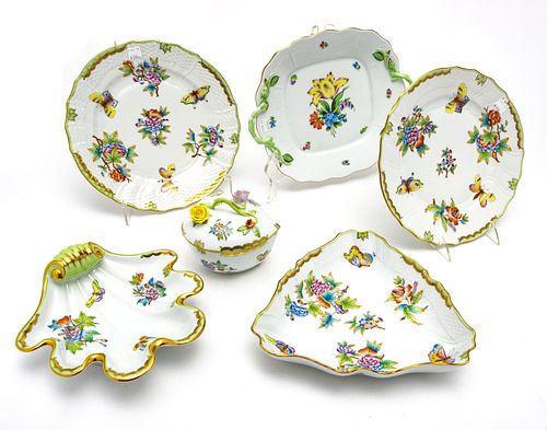 HEREND 'CHINESE BOUQUET' PORCELAIN DISHES & PLATES, 6 PCS, W 4"-11" 