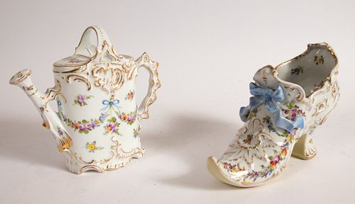 DRESDEN PORCELAIN SHOE AND WATER CAN, TWO PIECES, H 7" AND 5 1/2" 