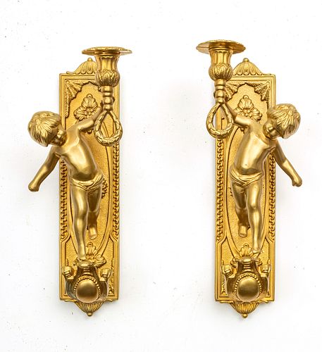 FRENCH REGENCY STYLE CHERUB FORM CANDLE SCONCES, GILDED METAL C 1930 PAIR H 11" W 2 3/4" 