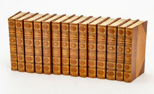 SHAKESPEARE PLAYS AND POEMS, BROWN QUARTER LEATHER, 1932 14 VOLUMES, H 7" 
