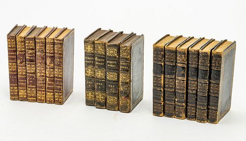 LEATHER BOUND BOOKS: GOLDSMITH (6), BYRON (6), STERNE (4) 1827, 16 BOOKS H 5" - 7" 