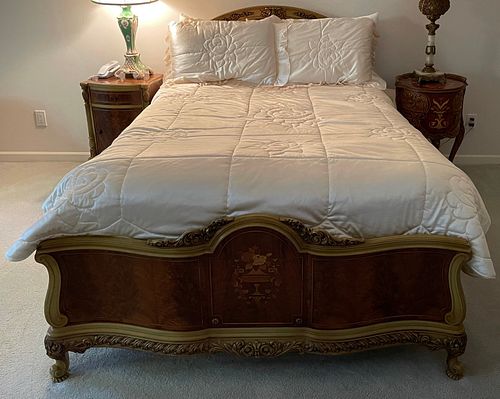 FRENCH STYLE WALNUT AND SATINOOD DOUBLE BED C 1930 W 54" 