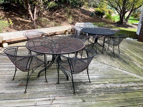 IRON PATIO TABLES (2) AND CHAIRS (8) H 28" DIA 49" 