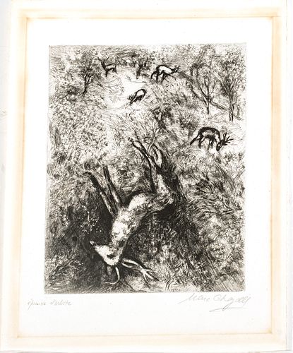 Marc Chagall (French/Russian, 1887-1985) Etching On Montval Laid Paper, C. 1927-31, Le Cerf Malade, H 11.7'' W 9.4''