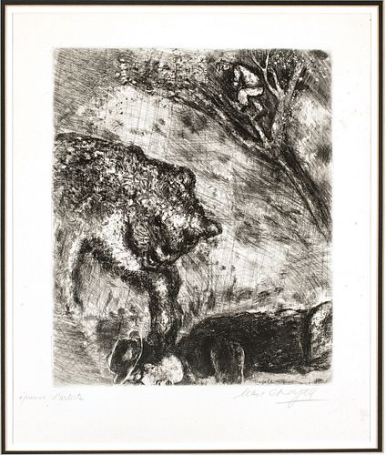 Marc Chagall (French/Russian, 1887-1985) Etching On Montval Laid Paper, C. 1927-31, L'ours Et Les Deux Compagnons, H 11.7'' W 9.4''