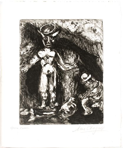 Marc Chagall (French/Russian, 1887-1985) Etching On Montval Laid Paper, C. 1927-31, L'homme Et L'idole De Bois, H 11.7'' W 9.4''