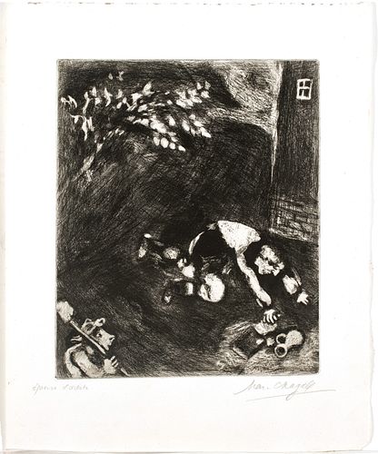 Marc Chagall (French/Russian, 1887-1985) Etching On Montval Laid Paper, C. 1927-31, L'avare Qui A Perdu Son Trésor, H 11.7'' W 9.4''