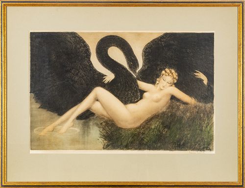 LOUIS ICART (FRENCH 1888-1950) ETCHING AND AQUATINT ON BFK RIVES PAPER, H 20", W 30", LEDA AND THE SWAN 