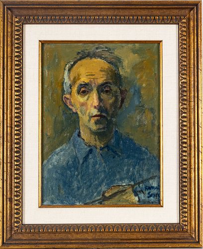 RAPHAEL SOYER (RUSSIAN/AMERICAN 1899-1997) OIL ON BOARD, H 15" W 11.5" SELF PORTRAIT OF THE ARTIST 