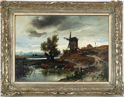 HEINRICH HILLER (GERMAN, 1846-1912), OIL ON CANVAS, H 21", W 29" LANDSCAPE 