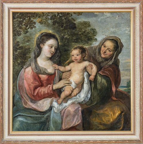 FLEMISH BAROQUE STYLE OIL ON CANVAS, 19TH C, H 38.25", W 38.25", MADONNA WITH CHILD AND ELIZABETH 