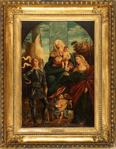 AFTER JACOPO PALMA IL VECCHIO (ITALIAN 1480-1528) OIL ON CANVAS, 19TH C., H 23", W 16", MADONNA ENTHRONED WITH SAINTS 