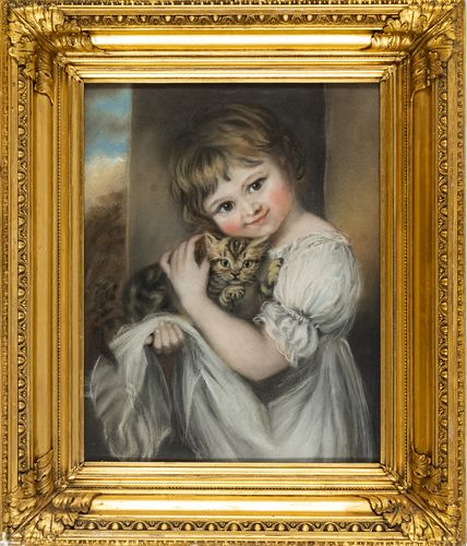 JOHN RUSSELL (BRITISH 1745–1806) PASTEL ON PAPER, DATED 1804, H 19", W 15", PORTRAIT OF ELIZA PULLAU WITH KITTEN