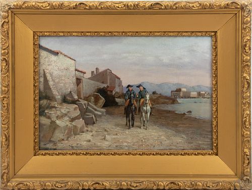CHARLES HENRY TURNER,  (AMERICAN 1848 - 1908) OIL ON CANVAS, 1893, H 12", W 17.5", SOLDIERS ON THE SHORE 